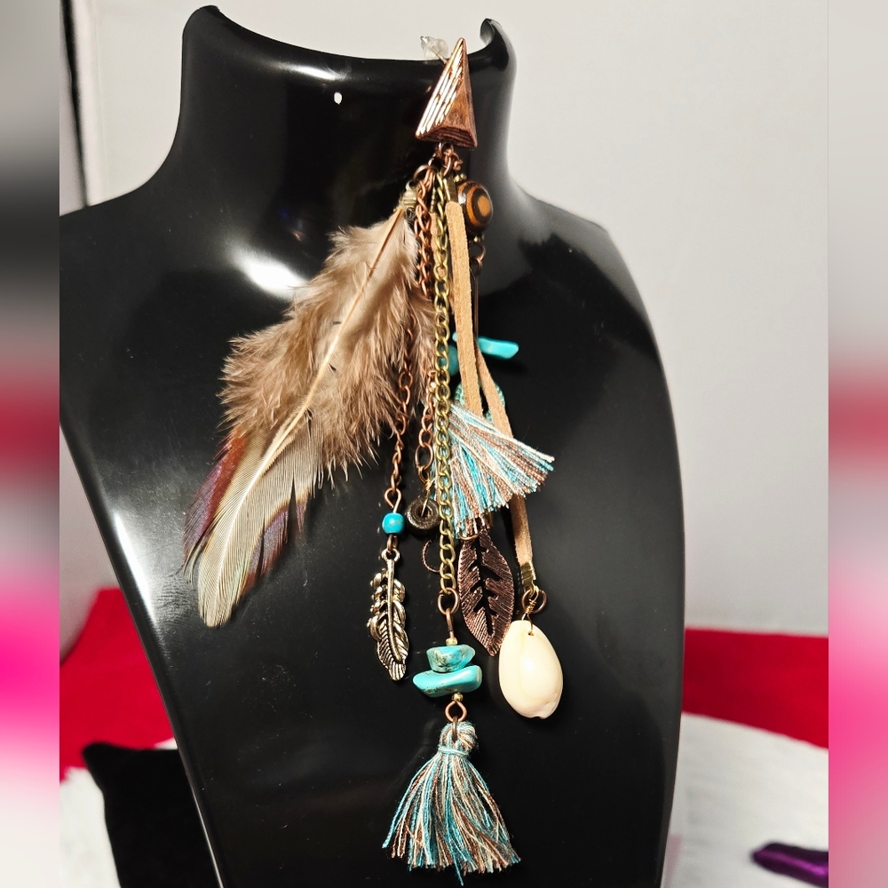 Long Bohemian Feather Tassel Earrings β Copper & Turquoise Festival Statement - Picture 7 of 7
